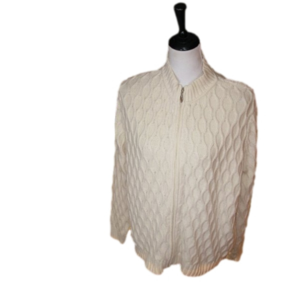 Liz Sport Cream Textured Zip front Cardigan Sweater Size Large